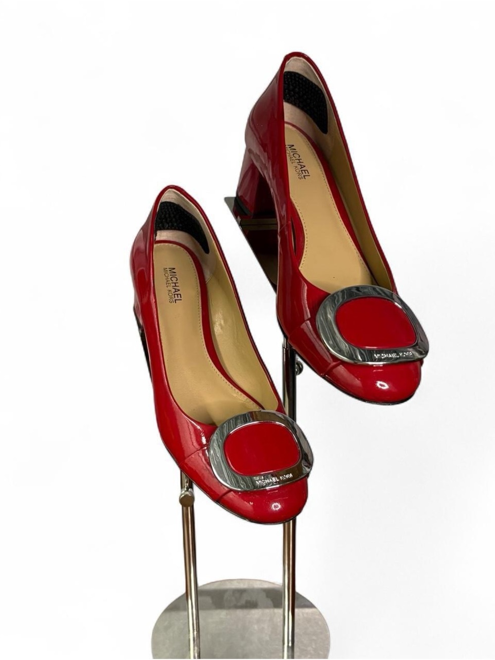 Michael Kors Glossy Red Patent Block Heel Pumps with Metallic Buckle